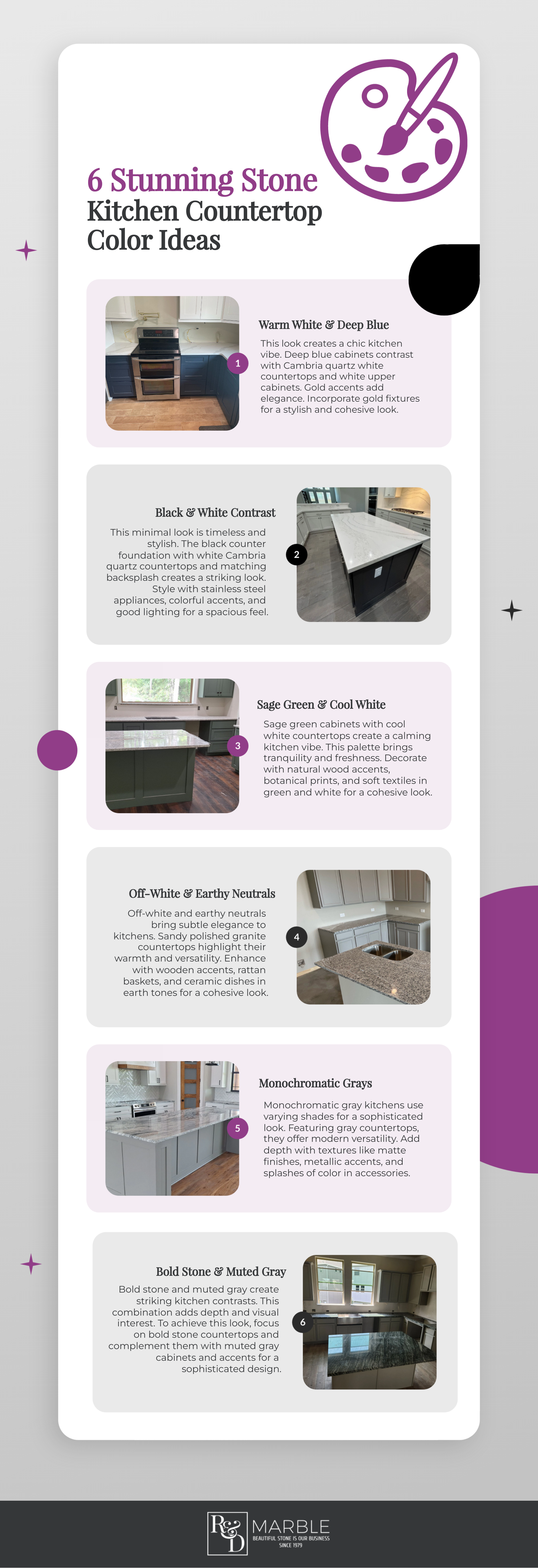 6 Stunning Stone Kitchen Countertop Color Ideas Infographic by Rd Marble